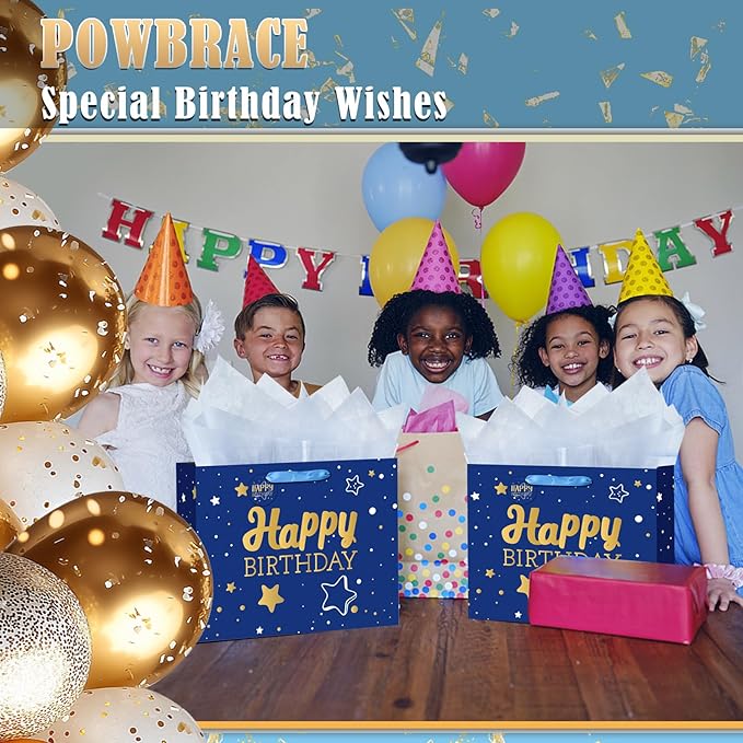 13" Black + Blue Happy Birthday Gift Bag with Tissue Paper and Greeting Card for Party,Happy Birthday Gift Bag for Men Women, Gift Bags Medium size(2 PCS Black & Blue)