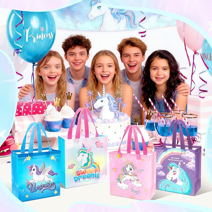 Pinsit 40 PCS Unicorn Party Favor Bags, Non Woven Goodie Bags, Unicorn Themed Reusable Gift Bags with Handles for Boys Girls Birthday Baby Shower Party Supplies