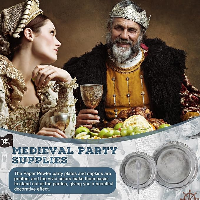 Jingmore 180 Pcs Medieval Party Supplies Disposable Pewter Paper Plates and Forks Tableware Set for Pirate Knight Castle Halloween Decorations Dinner Silver Grey 9" and 7'' Serves 60(Design Style)
