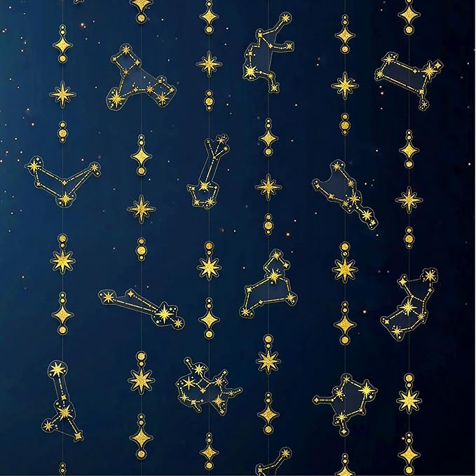 Cheerland Glitter Celestial Party Decorations Constellation Birthday Decoration Star Garlands Witchy Backdrop Astrology Decor Zodiac Theme Banner Hanging Stars Streamer Galaxy Party Suppplies (Gold)