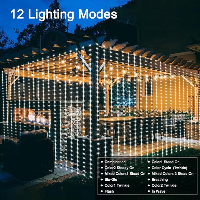 echosari 20Ft x 10Ft Large Curtain Lights Plug in, 600 LED Dual Color Changing Outdoor Curtain Lights Waterproof Connectable with Remote for Wedding Backdrop Yard Decor (Cool White & Multicolor)