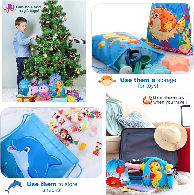 Woanger 12 Packs Ocean Party Supplies Favor Drawstring Bags Colorful Fish Backpack Bag Cartoon Sea Animal Birthday Goodie Bags String Pouch for Kids Ocean Themed Birthday Party Baby Shower Supplies