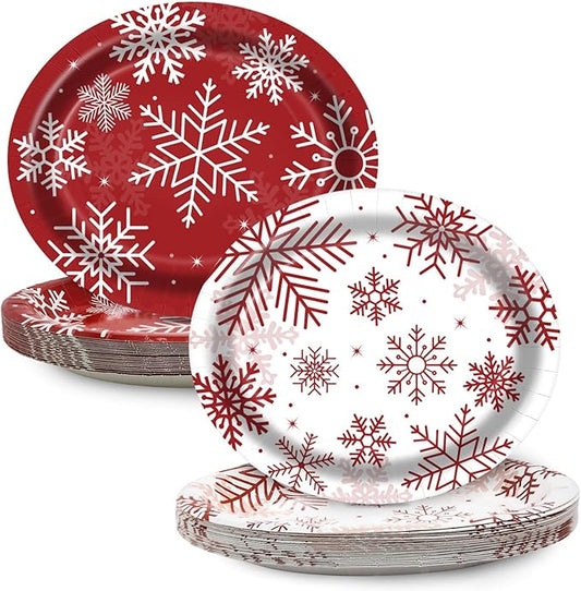 50 Pcs Christmas Snowflake Oval Paper Plates 10" x 12",Large Disposable Xmas Party Decorations Paper Winter Snowflake Plates for Xmas Holiday New Year Dinner Party Supplies,50 Guests