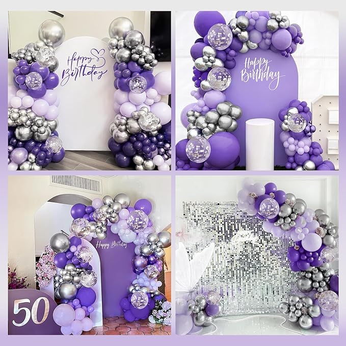 147pcs Purple Balloon Garland Arch Kit, Different Sizes with Dark Purple Light Purple Metallic Silver Confetti Lavender Latex Balloons for Baby Shower Wedding Birthday Party Decorations