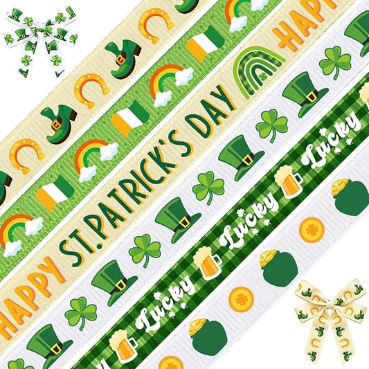 6 Roll Saint Patrick's Decor Ribbons, 3/8 Inch x 30 Yard Green Hat Clover Grosgrain Ribbon, Coin St. Patrick's Day Craft Ribbon for Gifts Wrapping Wreath DIY Bows Making Party Decoration