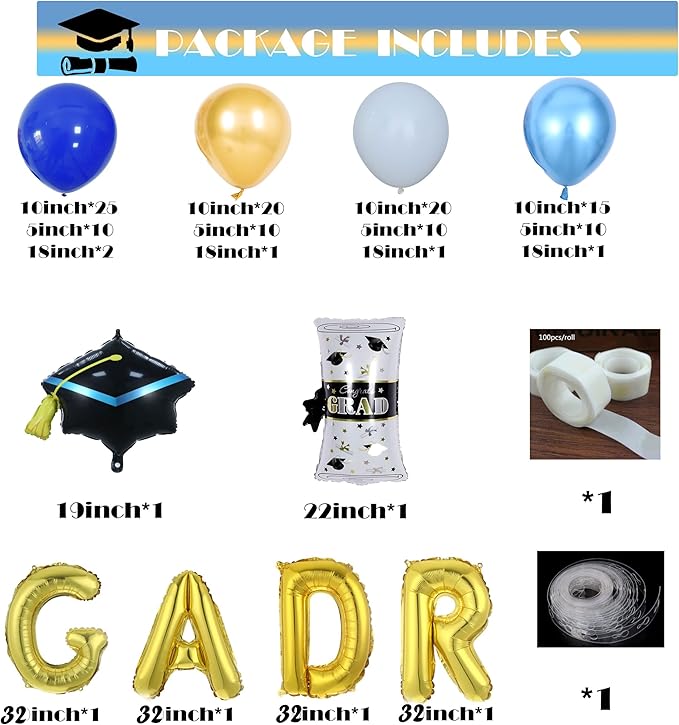 Graduation Party Decorations Graduation Balloon Arch Kit with 132PCS Royal Blue White Gold 32inch Gold GRAD Balloons for Congrats College High School Grad Balloons Class of 2026 Party Supplies