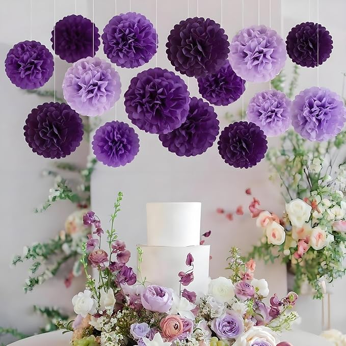 XIKSXITN 12 pc Purple Tissue Paper Pom poms in 3 Colors-Hanging Paper Flowers Ball for Party Decorative