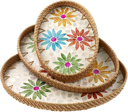 Oval Rattan Mother of Pearl Serving Tray, 3 Sizes Wicker Woven Coffee Table Tray with Wooden Base for Fruit Snack Breakfast Party Picnic Cafe Kitchen Home Decor (Four Color Flower)