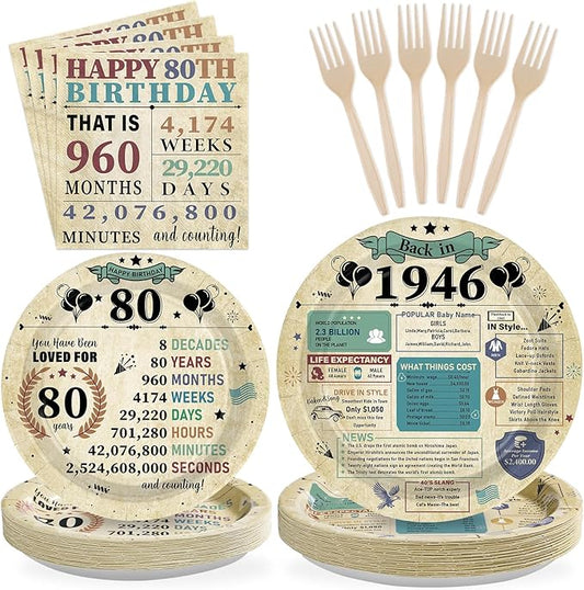 Grencian 96Pcs 80th Birthday Decorations for Men Women 80th Birthday Party Plates and Napkins Back in 1946 Party Supplies Vintage 80 Years Old Tableware Set for Men and Women Serves 24