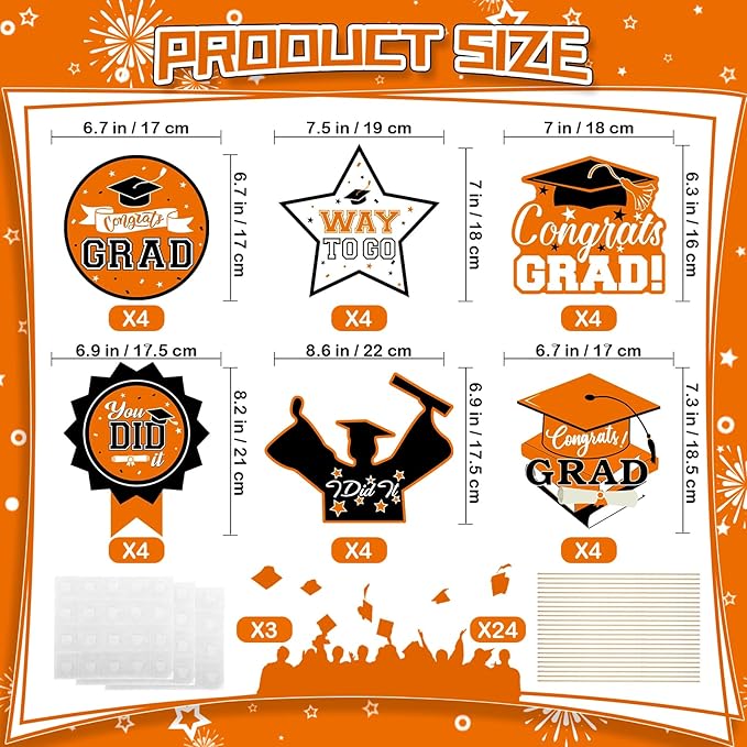24Pcs Graduation Party Decorations Class of 2026, Graduation Centerpieces for Tables, 2026 Congrats Grad Party Centerpiece Stick Table Toppers for Graduation Party Supplies (Orange,Black)