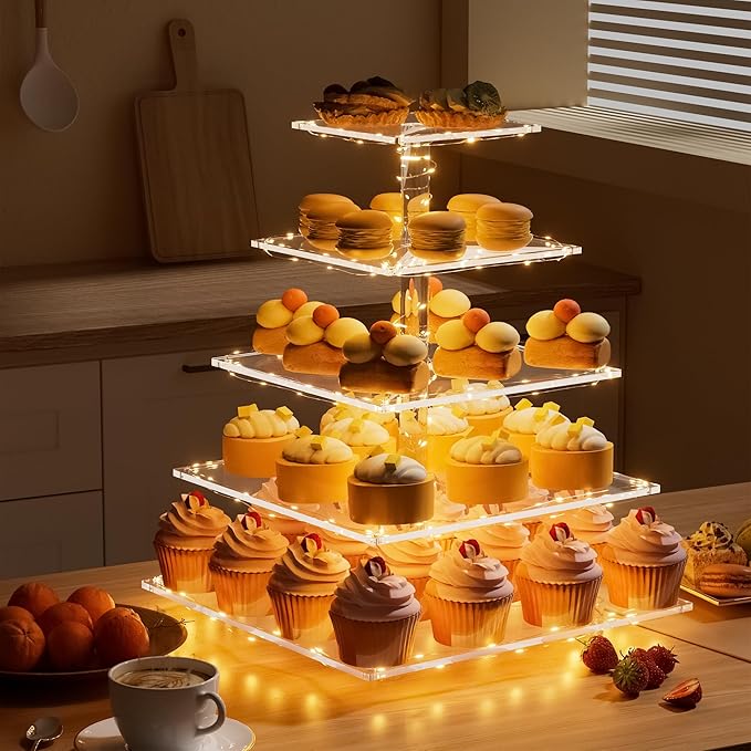 weddingwish 5 Tier Acrylic Cupcake Stand with LED Light, Clear Cupcake Stand for 50 Cupcakes, Cupcake Holder Tower Dessert Table Display Set for Birthday, Baby Shower, Tea Party and Wedding Décor