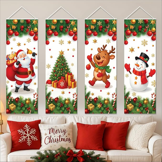 KatchOn Christmas Banners Set – Pack of 4, 47x16 Inch | Holiday Portrait Banners For Christmas Decorations Featuring Santa Claus, Snowman, Xmas Tree, Reindeer for Home, Porch, Living Room | Xmas Decorations