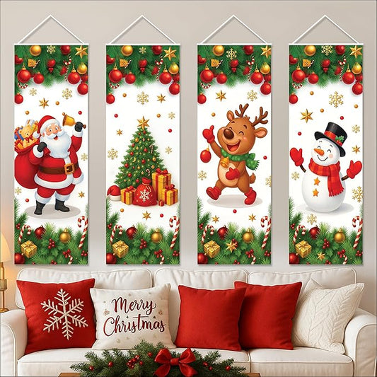 KatchOn Christmas Banners Set – Pack of 4, 47x16 Inch | Holiday Portrait Banners For Christmas Decorations Featuring Santa Claus, Snowman, Xmas Tree, Reindeer for Home, Porch, Living Room | Xmas Decorations