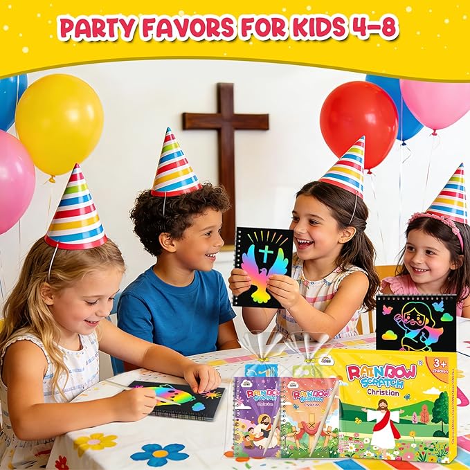 ZMLM 24 Pack Scratch Art Party Favors for Kids 4-8 – Individually Wrapped Rainbow Notebooks, Mess-Free Goodie Bag Stuffers, Non-Candy, Classroom Prizes, Travel Crafts for Boys Girls(Christian)