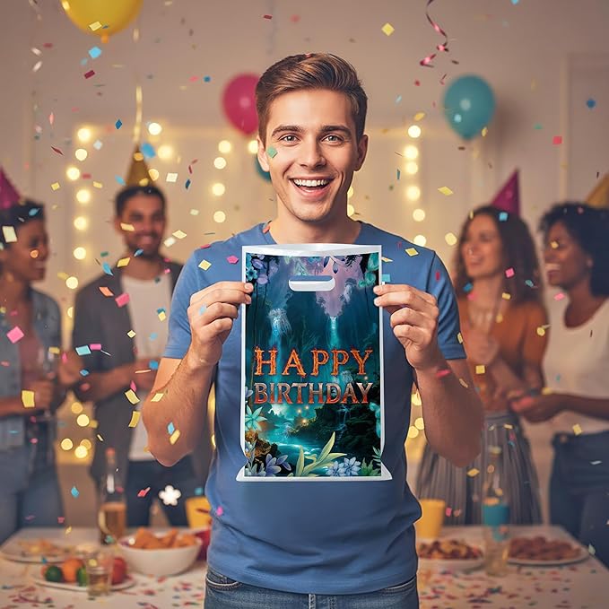 Andi Cppss Movie Theme Party Favor Bags - 50PCS Double-Sided Water Fire Themed Favor Goodie Bags for Birthday Party Decorations Volcano Plastic Gift Bag with Handle for Movie Lover Birthday Supplies