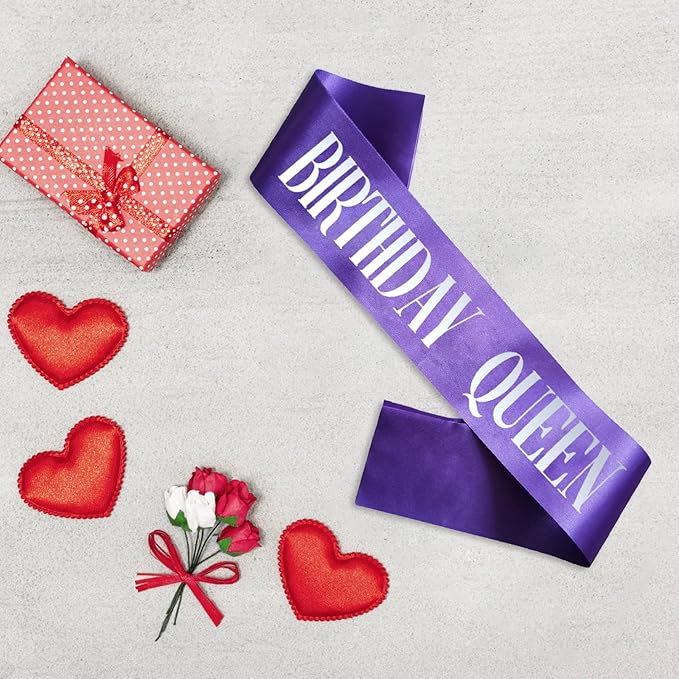 Birthday Queen Sash, Silver Foil Purple Birthday Sash for Women 21st 30th 40th 50th 60th 70th Fun Birthday Party Favors Gifts Decorations