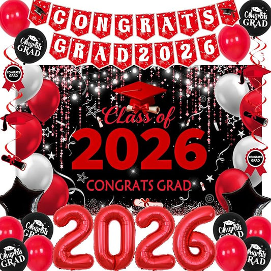 Red and Black Graduation Decorations 2026, Graduation Party Decorations Class of 2026 Backdrop, Congrats Grad Banner Red and Black Streamers Balloons Foil 2026 Balloons College High School Master Phd