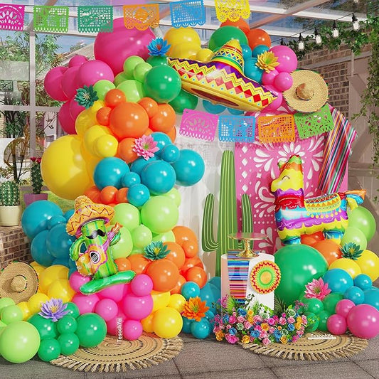 Tesochye Mexican Fiesta Balloon Arch Kit,Cinco De Mayo Fiesta Party Decorations,Giant Llama Cactus Foil Balloons Rainbow Balloon Arch Kit for Mexican Carnival Birthday Party Decoration Tropical Decor