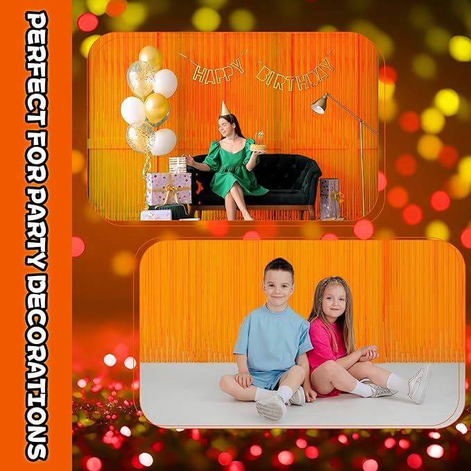 4 Pack Glow in The Dark Curtains Party Supplies 6.6 x 3.3 Ft Glow Tinsel Foil Fringe Curtains Orange Photo Booth Prop Backdrop Streamer for Birthday Holiday Neon Party Decorations