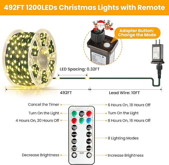 Larkvue 492FT 1500 LEDs String Lights with Remote, Dimmable 8 Modes Timer & Memory Function Fairy Rope Light for Christmas Tree Party Decor-Warm White
