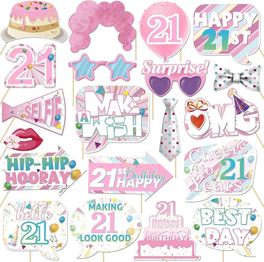 20 Pcs Girl 21st Birthday Photo Booth Props Kit, Pink Twenty One Birthday Party Selfie Decorations, Girl Adult's 21st Bday Party Photography Supplies