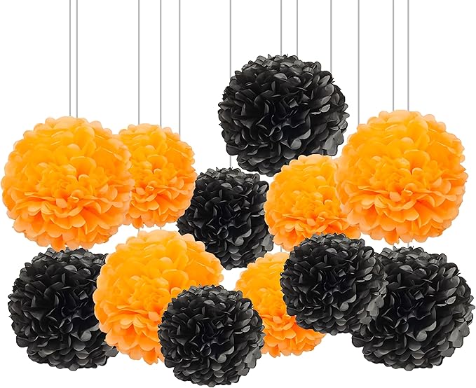 XIKSXITN 12 pc Orange Black Tissue Paper Pom poms-Hanging Paper Pom Poms Paper Flowers Ball for Halloween Party Decorations(10&12 inch)