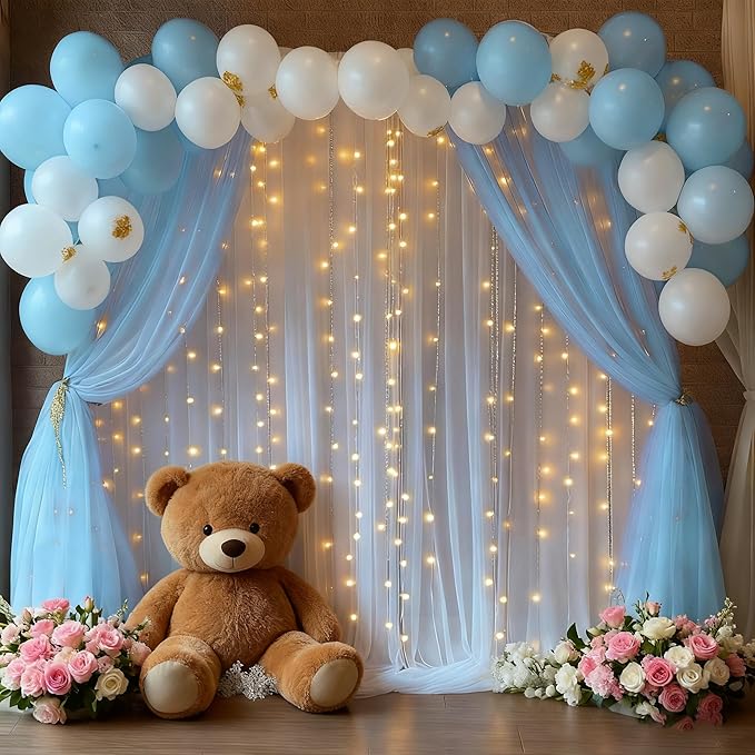 10x10ft Baby Blue Tulle Backdrop Curtain with Lights String for Parites, Sheer Photo Backdrop Curtain Drapes for Wedding Baby Shower Bridal Shower Birthday Party Photo Shoot Decorations