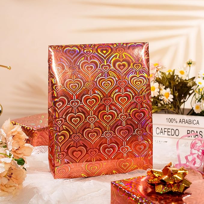Burymento Rose Gold Wrapping Paper Roll, Metallic Holographic Heart Gift Wrap for Birthday, Valentines, Mothers day, Graduation, Wedding, Fathers day, Baby Shower, Christmas (17 IN x 32.8 FT)