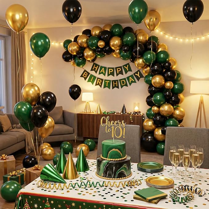Hiquaty Green and Gold Balloons,60pcs Dark Green Balloons,12 inch Gold Balloons and Black Balloons with Gold Ribbon for St. Patrick's Day Party Wedding Bridal Shower Decorations