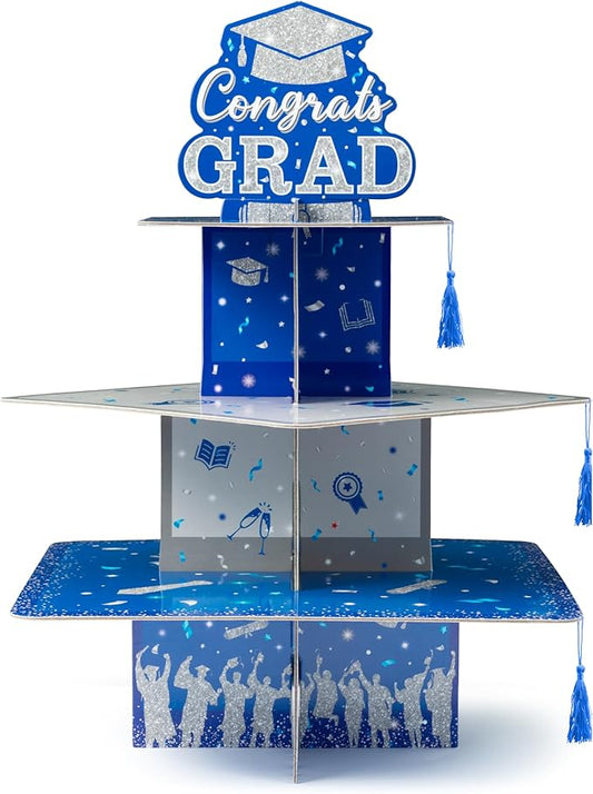 Haooryx Blue Sliver Graduation Cupcake Stand - 3 Tier Blue Silver Graduation Hat Cupcake Tower Cardboard Dessert Candy Dessert Holder for College High School Congrats Grad Party Decoration Supplies