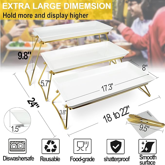 ECOIOU Extra Large 3 Tier Serving Tray, 24 x22 x 9.8 Inch Melamine Tiered Tray Stand and Platters for Party Buffet Entertaining, White and Gold