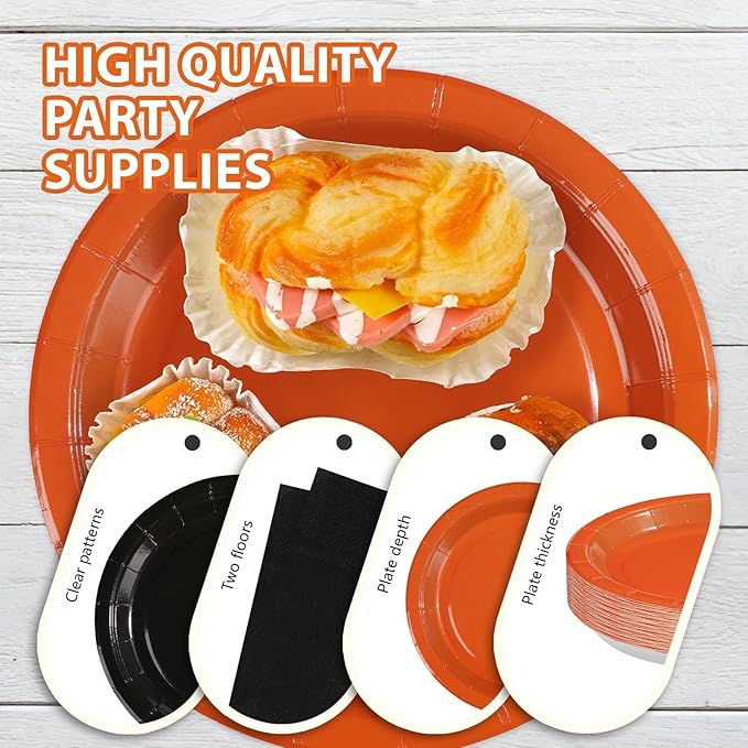 Grencian 200Pcs Orange and Black Graduation Decorations Black and Orange Plates and Napkins Disposable Graduation Tableware for Birthday Wedding Baby Shower Congrats Grad Party Supplies Serves 50