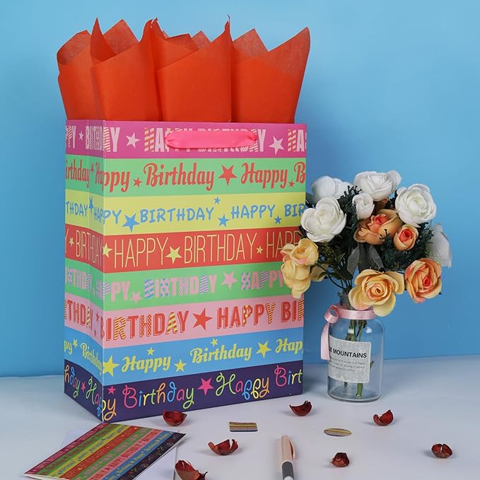 Qirrmiy 13'' Large Happy Birthday Gift Bag Set with Handles, Greeting Card, Tissue Papers and Stickers for Girls Women Kids Teens Boys Men, Words Design, 1 Pcs