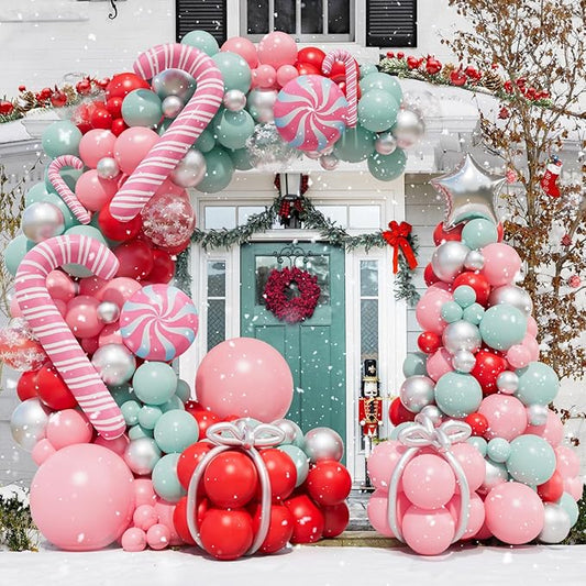 160pcs Christmas Balloon Arch Kit — Candy Cane Foil & Silver Star Balloons, Pastel Pink Red Mint Garland for Christmas, Friendsmas, Baby Shower & Birthday Party Decorations