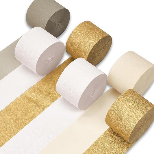 PartyWoo White and Gold Crepe Paper Streamers 6 Rolls 492 ft Pack of Metallic Gold Ivory Sand White Crepe Paper for Wedding Gender Reveal Birthday Party Decorations (1.8 Inch x 82 Ft/Roll)