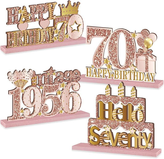 4 Pieces 70th Birthday Decorations Wooden Vintage 1956 Table Centerpieces for Women, Pink Rose Gold Cheers to 70 Years Table Sign Party Supplies, Hello 70 Years Old Bday Table Decor