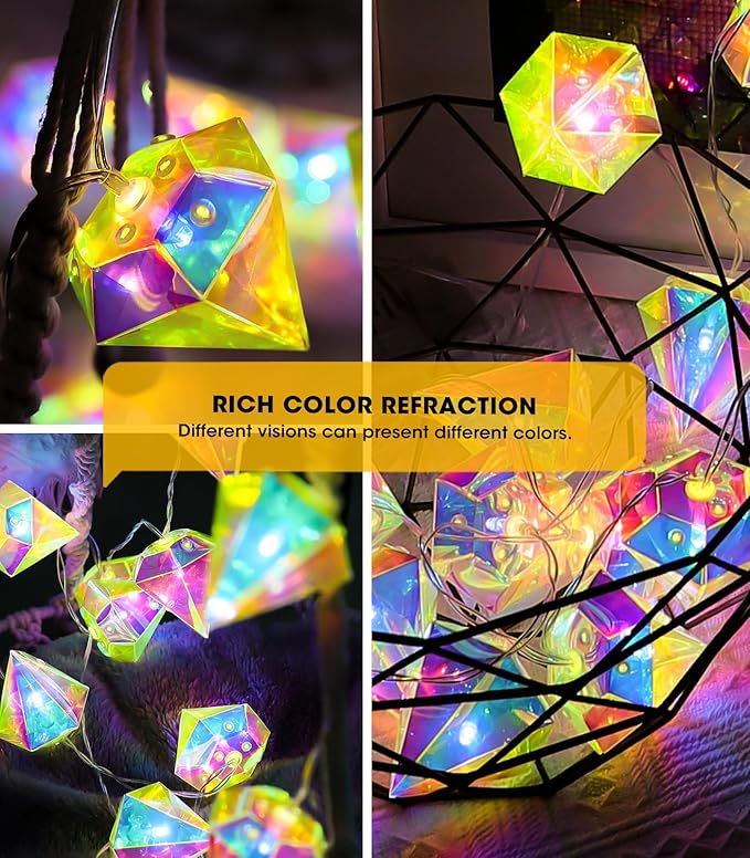 AceList Iridescent Big Diamond String Lights 10Ft 20 LED Fairy Light with Remote, Holographic Decor for Engagement Party Decorations Wedding Proposal Bachelorette Christmas Birthday Children (White)
