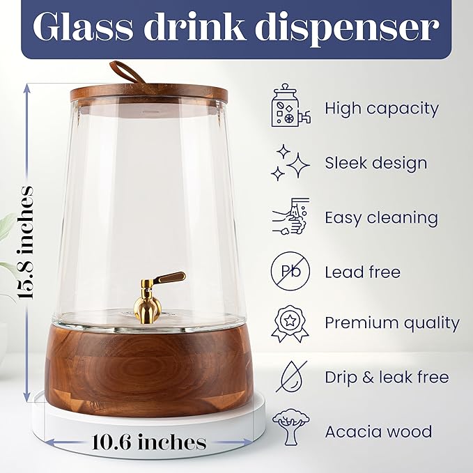 FOODLE Extra Large Glass Drink Dispenser with Spigot - Glass Beverage Dispenser with Stand - Perfect for Parties & Catering - Pitcher for Lemonade, Water, Sangria & Juice - Leakproof Spout - 3 Gallon