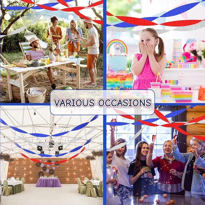 Sherr 24 Rolls Crepe Paper Streamers Hanging Party Decoration Holiday Streamers for Arty Decorations, Birthday Decorations, Wedding Decorations (Red, White, Blue,1.8 Inch x 98 Feet)