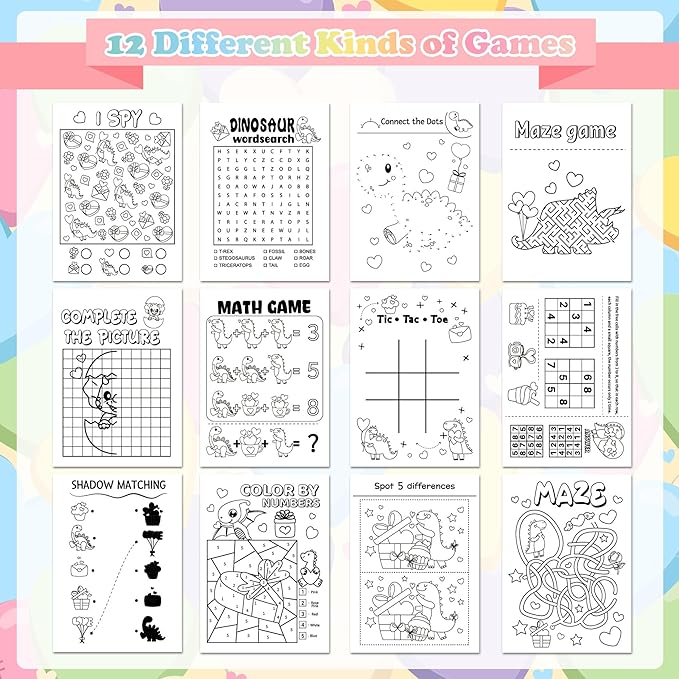 Valentine’s Day Activity Books for Kids - 24Pcs Dinosaur Theme Mini Games Coloring Book Set Bulk Mazes Word Search Word Scramble Games for Valentines Party Goodie Bags Stuffers School Classroom Favors