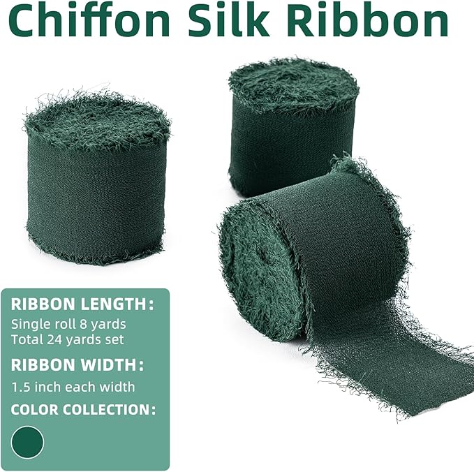 Husfunov Green Handmade Chiffon Ribbon,1.5Inch x 3 Rolls Total 24 Yards Green Fringe Chiffon Silk Ribbon,for Wrapping Wedding Invitations,Bridal Bouquets,DIY Crafts,Home Decor and More