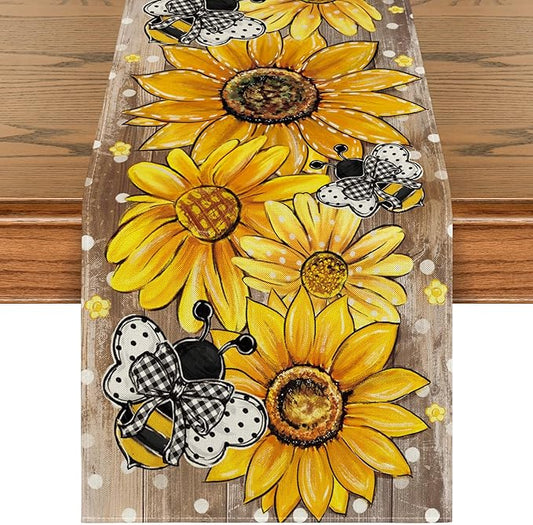 Artoid Mode Wood Sunflower Bee Flower Polka Dot Summer Table Runner, Seasonal Kitchen Dining Table Decoration for Home Party Decor 13x120 Inch