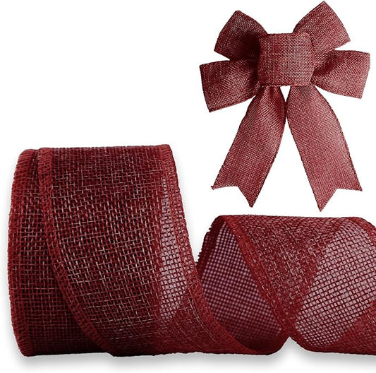 Burgundy Burlap Ribbon 1-1/2 inch X 10 Yard Natural Burlap Woven Wired Ribbons DIY Handmade Edging Production Wreath Holiday Decoration Ribbon Gift Wrapping Burgundy Ribbons