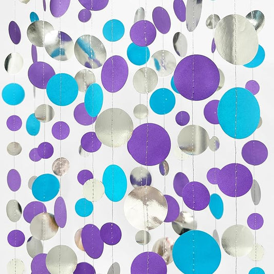 46 Ft Frozen Party Decorations Purple Blue Silver Polka Dots Garlands Hanging Paper Circle Dots Streamer for Frozen Birthday Winter Wonderland Christmas Holiday Wedding Baby Shower Party Supplies
