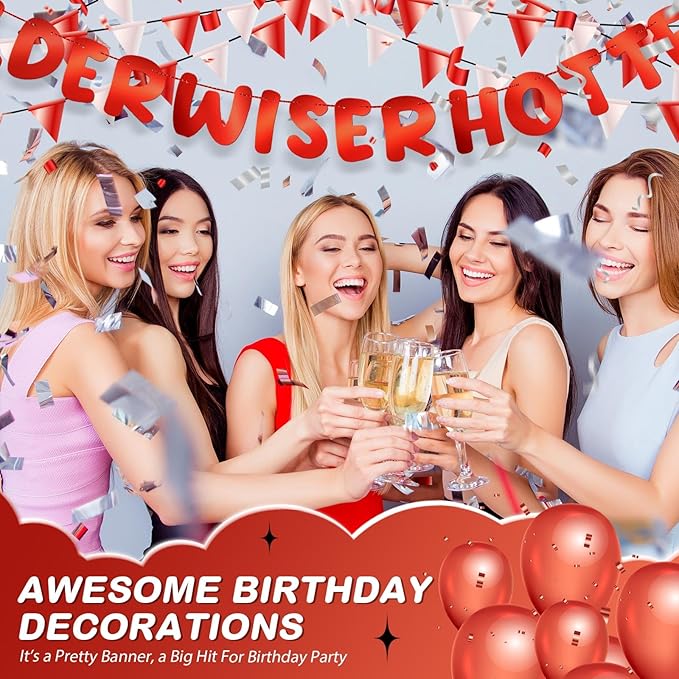 Fulmoon Set of 3 Pre Strung Older Wiser Hotter Glitter Banner Funny Birthday Banner for Women 30th 40th 50th 60th 70th 80th Birthday Party Decorations Sign Gift(Bright Red)