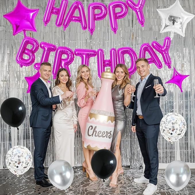 Happy Birthday Balloon Banner Hot Pink, 16 Inch Mylar Foil Letter Balloons, Reusable Birthday Decorations with Rose Red Hot Pink Star Foil Balloons, Inflatable Party Supplies for Women Girls Decor