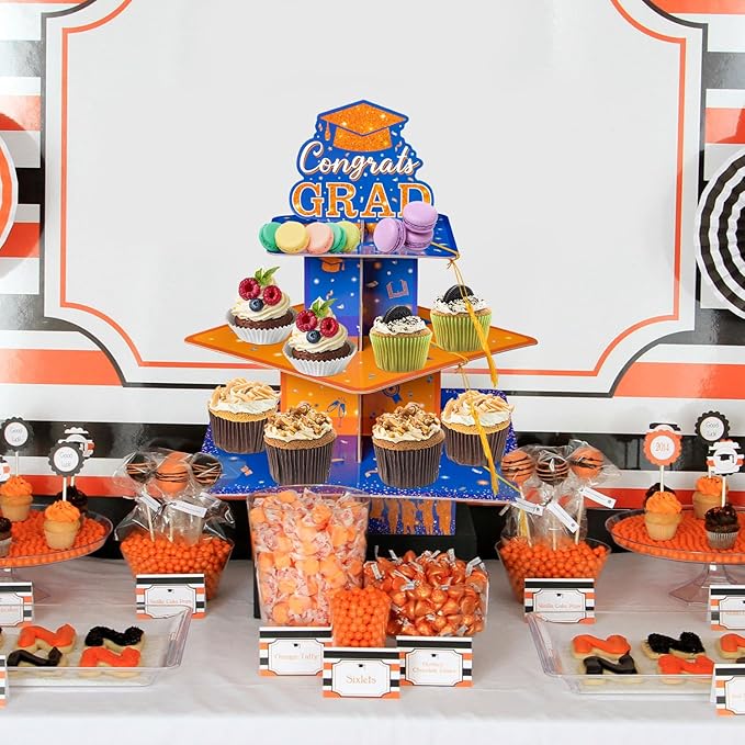Haooryx Graduation Cupcake Stand Decoration - 3-Tier Orange Blue Graduate Cap Cupcake Tower with Tassel Cardboard Dessert Holder Kindergarten Primary High School College Graduation Party Table Decor