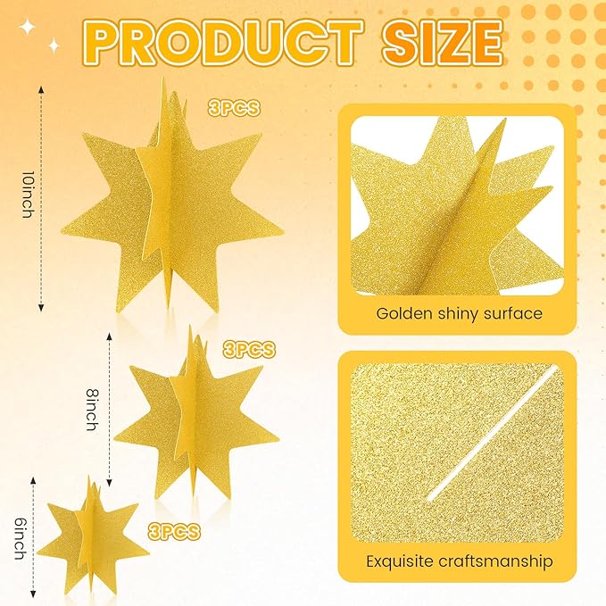 AmazingSpark 9 Pcs Large Star Centerpieces 3D Gold Star Table Decorations in 3 Sizes 10" 8" 6" for Birthday Party Baby Shower Gathering Carnival Ceremony Graduation Movie Night Supplies (Glitter Gold)