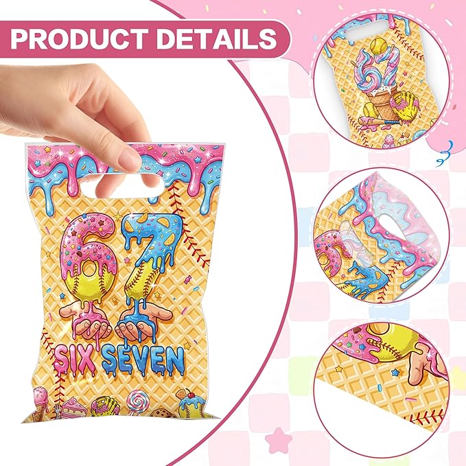 MOIZYNG 50Pcs 6 7 Bithday Gift Bags with Handles, Baseball Ice Cream Drip Plastic Candy Treat Goodie Bags, Funny 67 Six Seven Sports Themed Birthday Party Favors Decorations