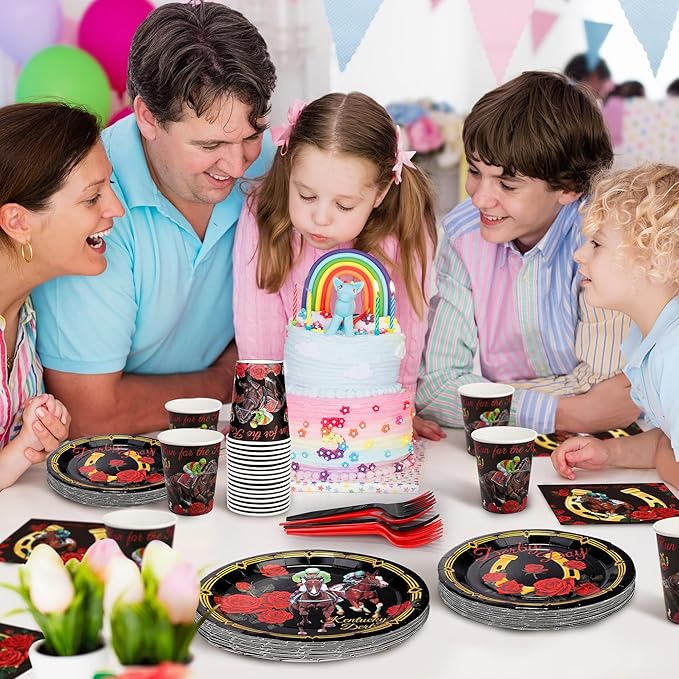 Kochorie 144 Pieces Kentucky Derby Horse Racing Party Tableware Sets Including Disposable Plates Napkins Cups Forks Serves 24 for Derby Day Horse Theme Party Supplies